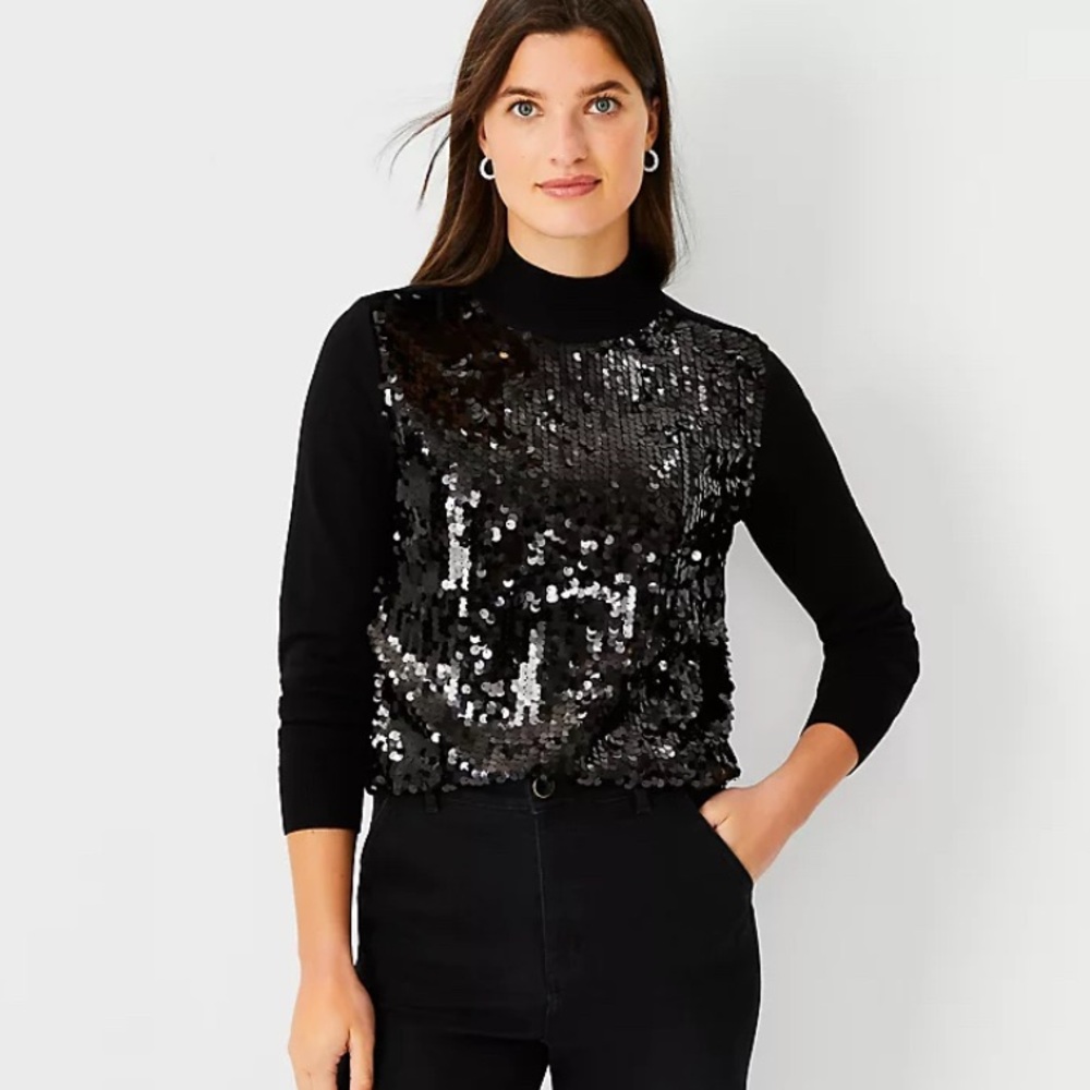 NWT Ann Taylor Women’s Sequin Front Turtleneck Sweater Size L Black $129